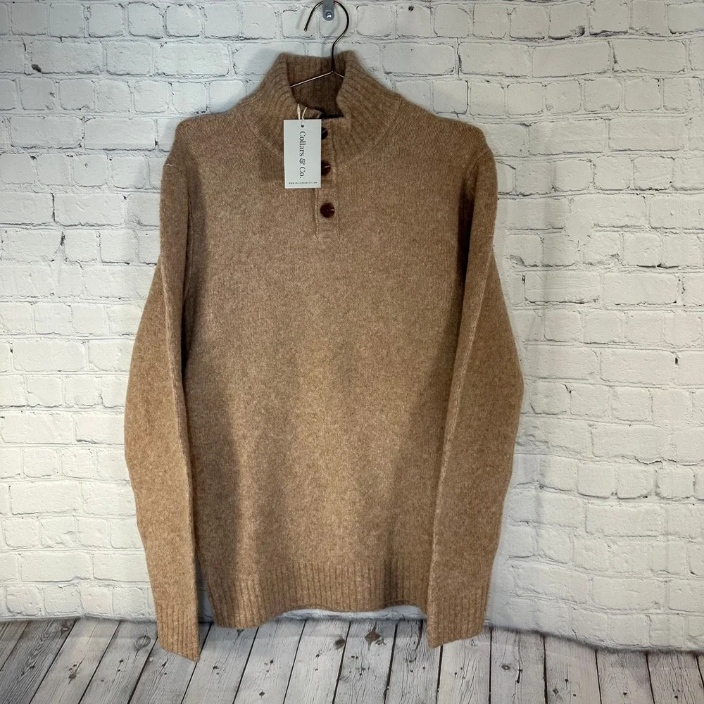 NEW Collars & Co Mens Luxury Wool Blend Mock Neck Button Sweater Tan Medium